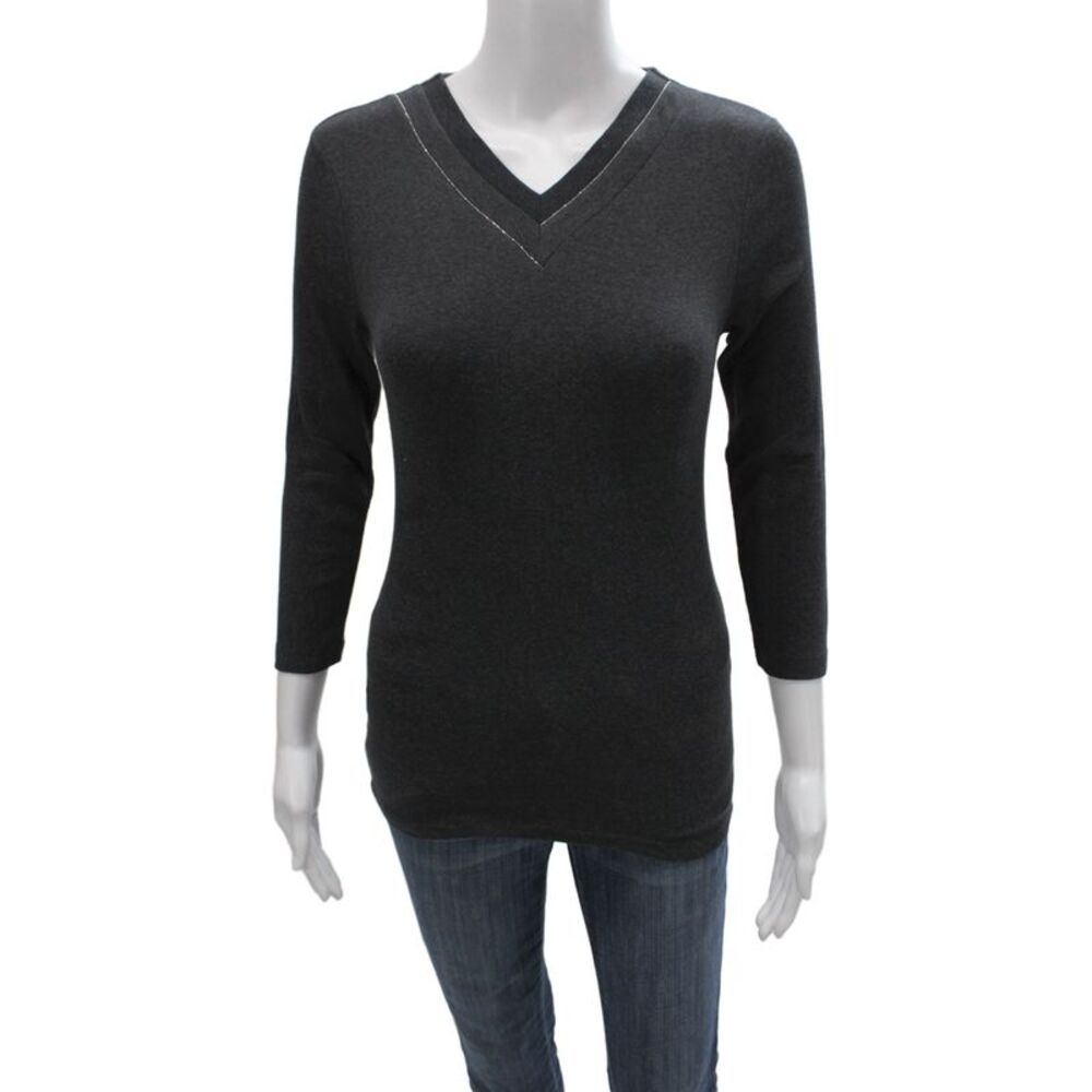 Peserico Womens Basic Gray Cotton V Neck 3/4 Sleeve T Shirt Size 40